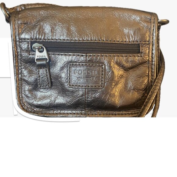 Fossil Champagne Silver Metallic Leather Crossbody Bag Brushed Nickel Pockets EC - Picture 8 of 10